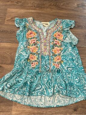 Savanna Jane Embroidered Paisley Blouse Teal Flutter Sleeve Boho Top Women’s S